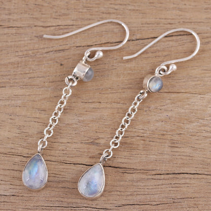 Glistening Teardrops Teardrop Rainbow Moonstone Dangle Earrings from India