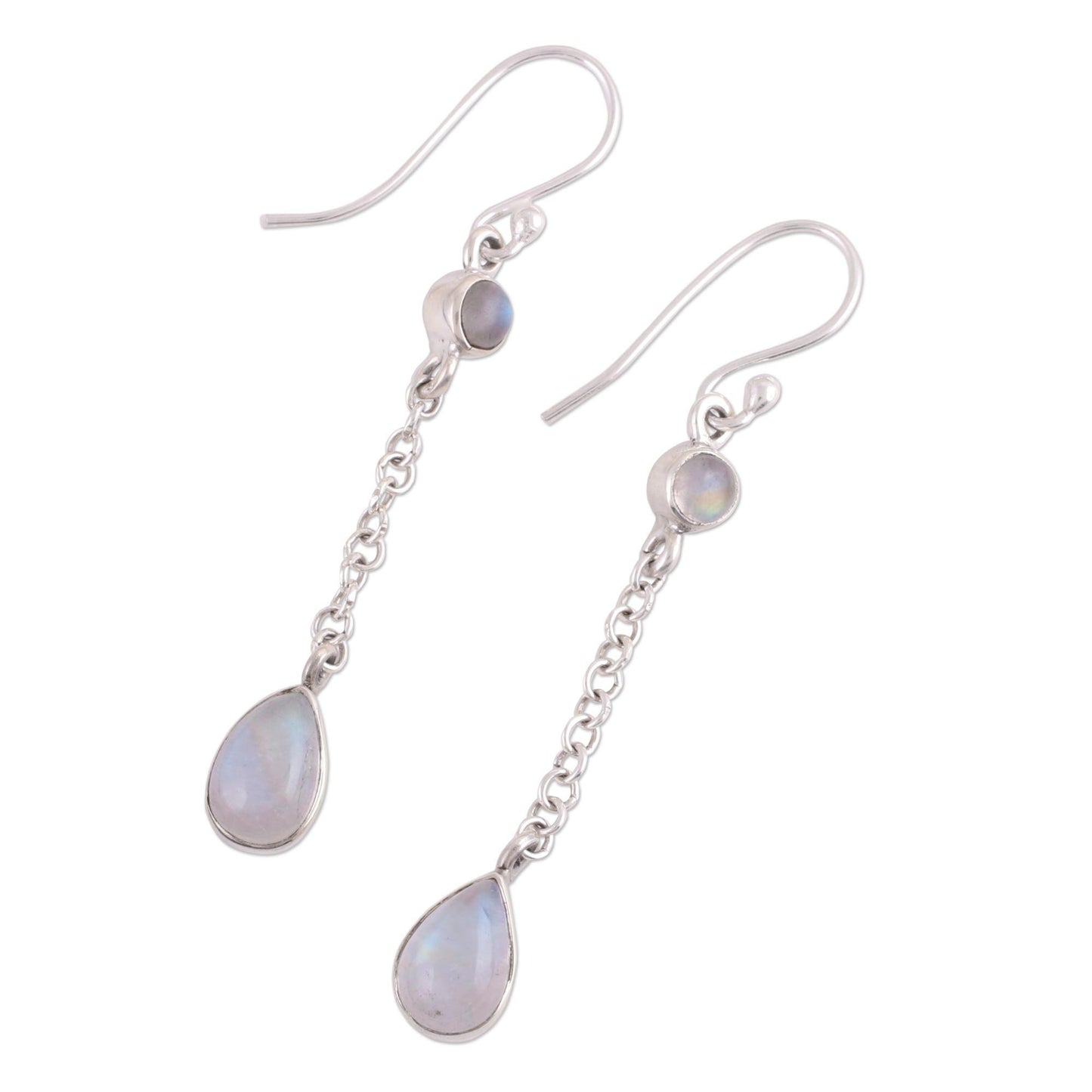 Glistening Teardrops Teardrop Rainbow Moonstone Dangle Earrings from India