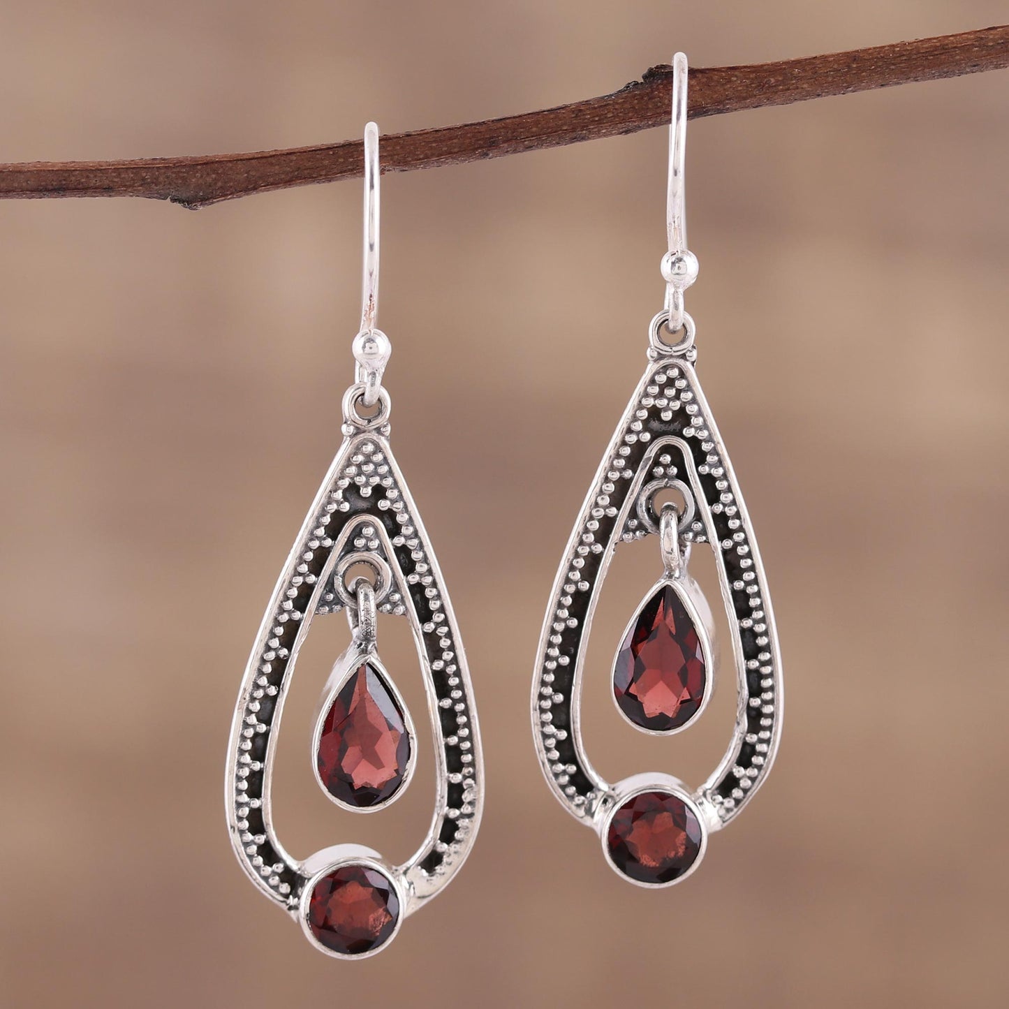 Teardrop Romance Garnet and Sterling Silver Dangle Earrings from India