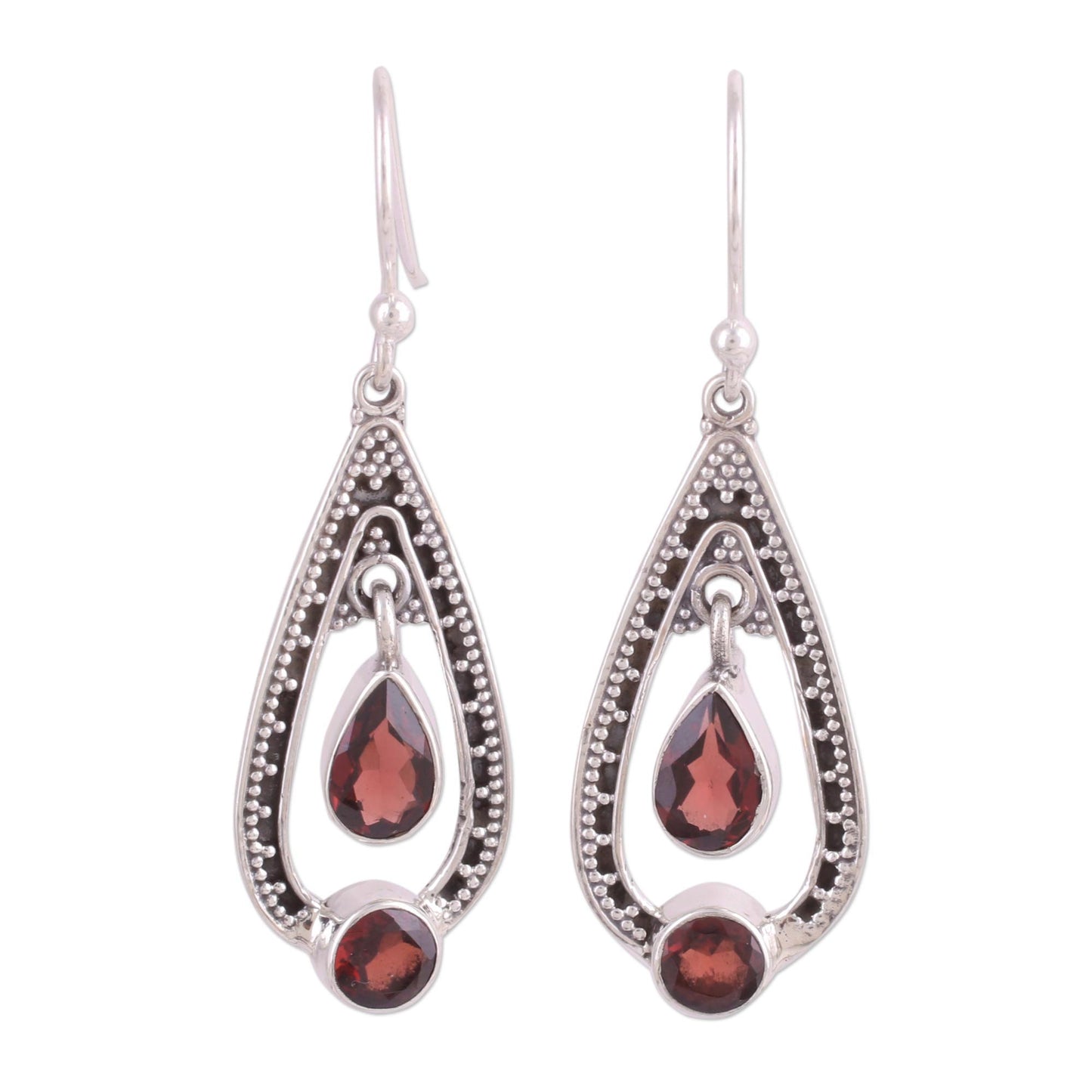 Teardrop Romance Garnet and Sterling Silver Dangle Earrings from India