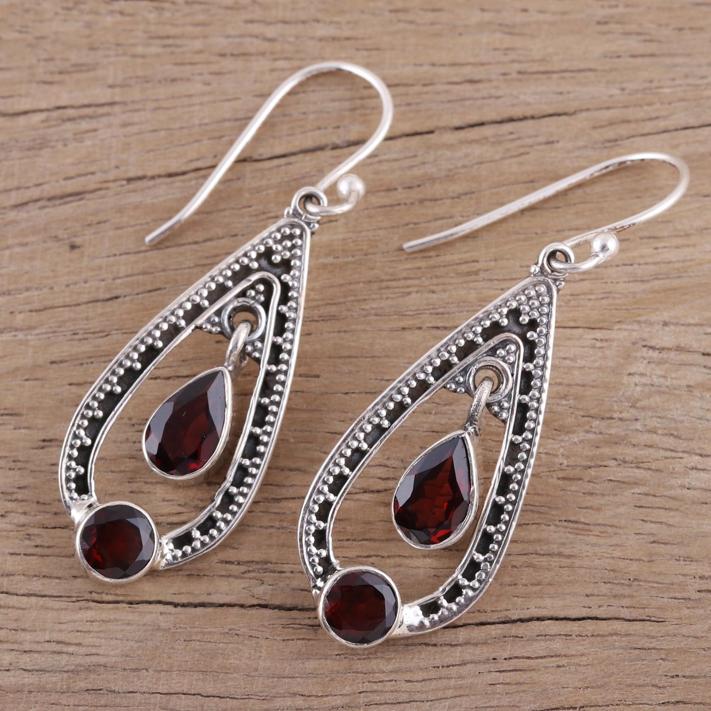 Teardrop Romance Garnet and Sterling Silver Dangle Earrings from India