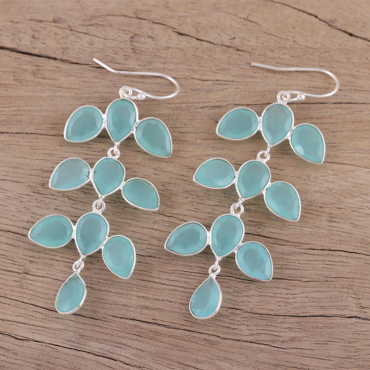 Leaf Cascade Long Aqua Blue Chalcedony Chandelier Earrings