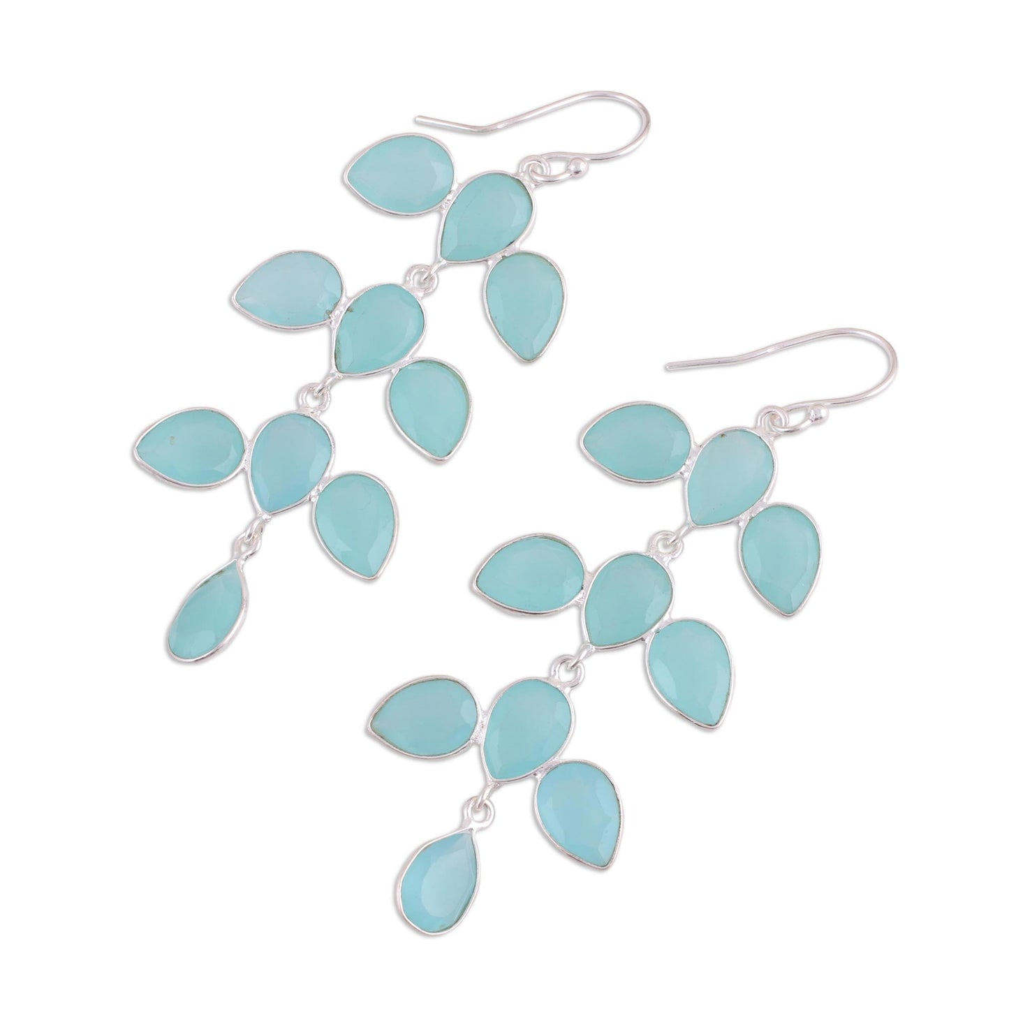 Leaf Cascade Long Aqua Blue Chalcedony Chandelier Earrings