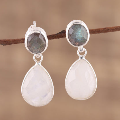 Misty Alliance Rainbow Moonstone and Labradorite 23 Ct Earrings