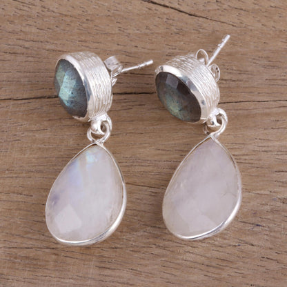 Misty Alliance Rainbow Moonstone and Labradorite 23 Ct Earrings