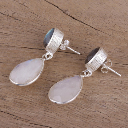 Misty Alliance Rainbow Moonstone and Labradorite 23 Ct Earrings