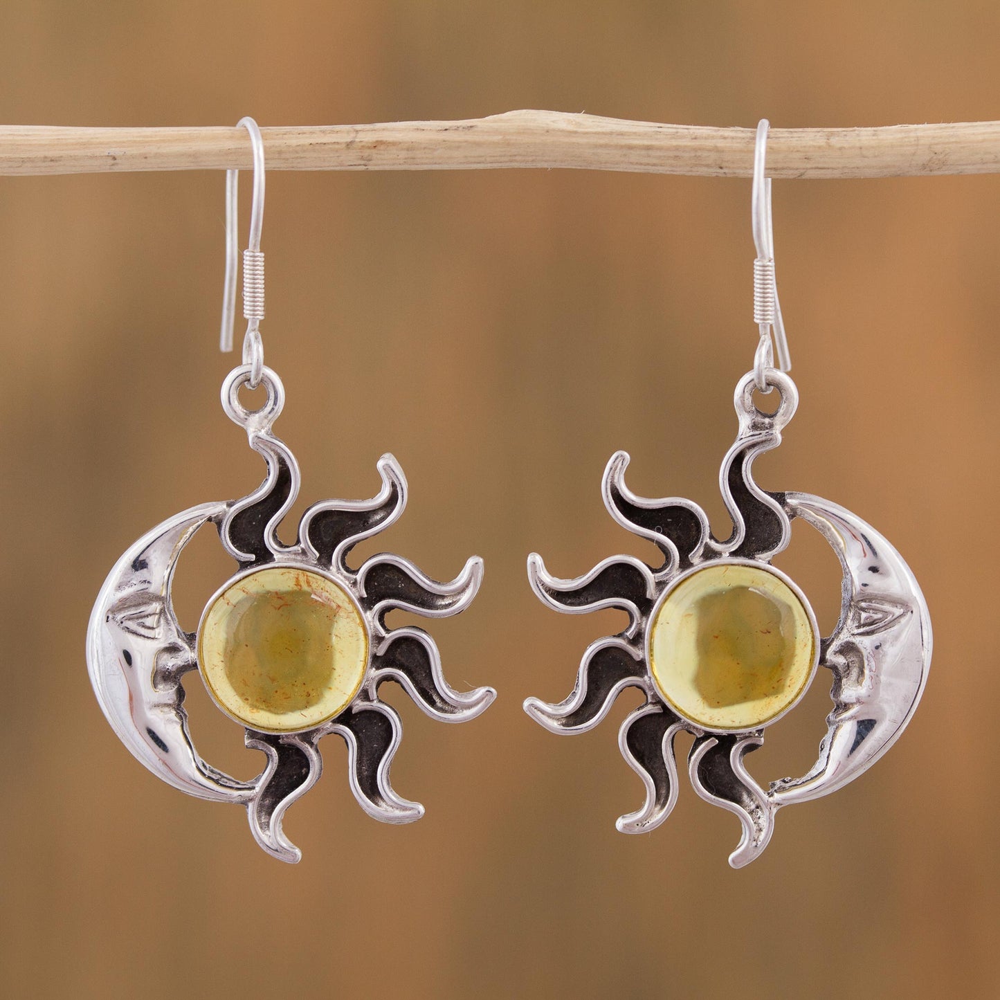 Resplendent Sunset Mexican Sterling Silver and Amber Sun Moon Hook Earrings