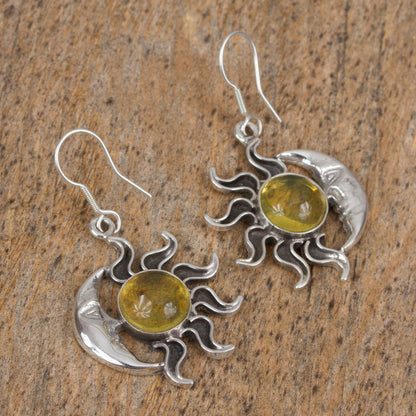 Resplendent Sunset Mexican Sterling Silver and Amber Sun Moon Hook Earrings