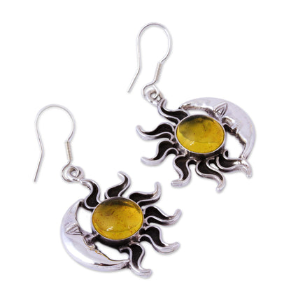 Resplendent Sunset Mexican Sterling Silver and Amber Sun Moon Hook Earrings