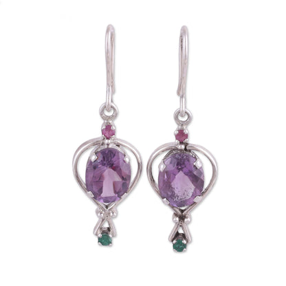 Sparkling Allure Amethyst Emerald and Ruby Dangle Earrings from India