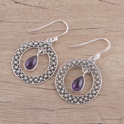 Floral Loop in Purple Amethyst and Sterling Silver Floral Motif Dangle Earrings