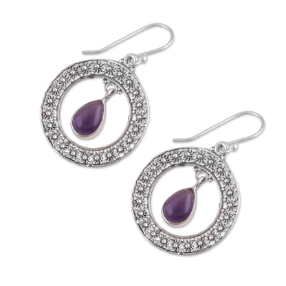 Floral Loop in Purple Amethyst and Sterling Silver Floral Motif Dangle Earrings