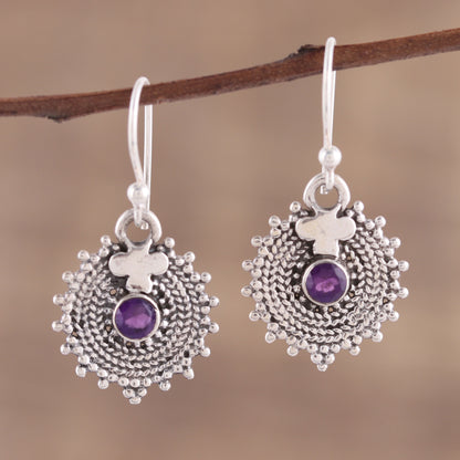 Purple Sunbeams Indian Amethyst and Sterling Silver Round Dangle Earrings