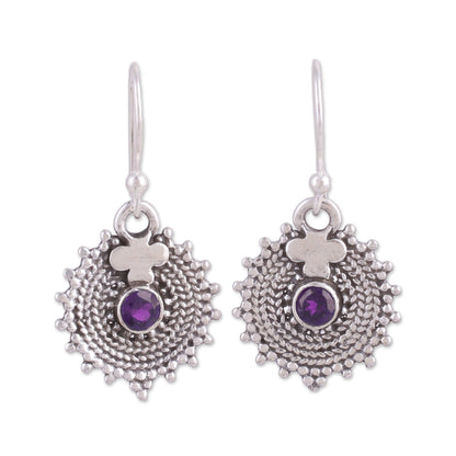 Purple Sunbeams Indian Amethyst and Sterling Silver Round Dangle Earrings