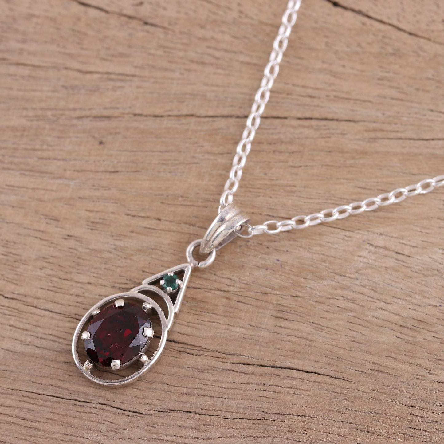 Scarlet Joy Garnet and Emerald Pendant Necklace from India