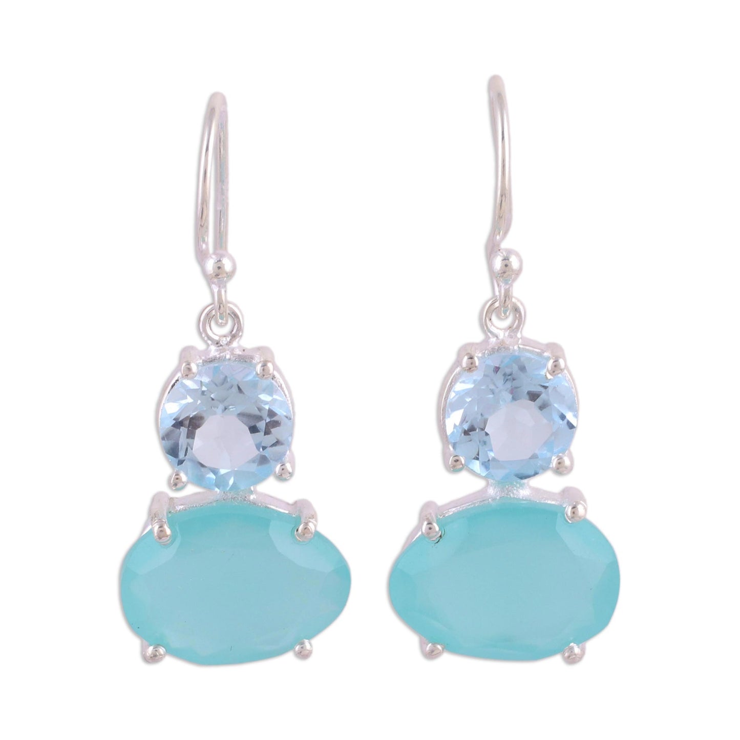 Regal Air Blue Topaz and Chalcedony Prong Set Dangle Earrings