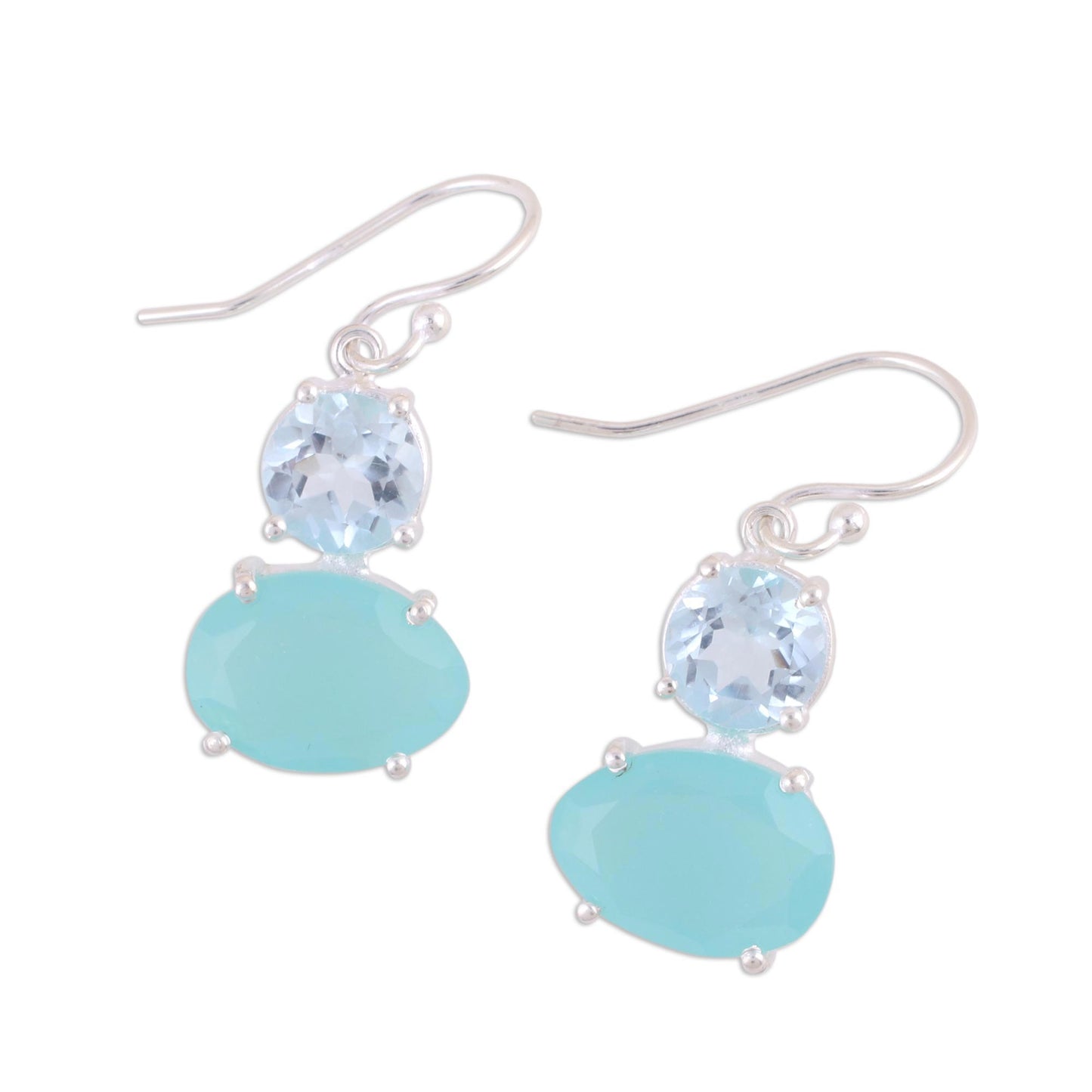 Regal Air Blue Topaz and Chalcedony Prong Set Dangle Earrings