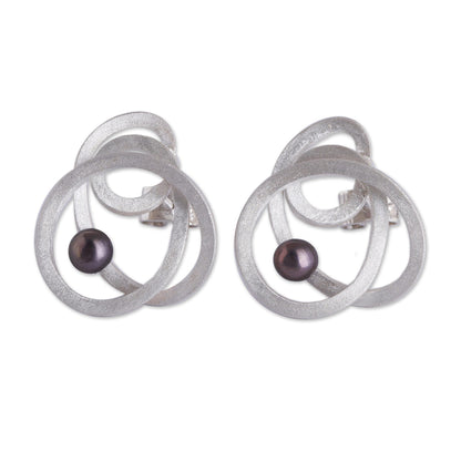 Dark Amazon Nest Modern Silver Earrings with Dark Grey Cultured Pearls