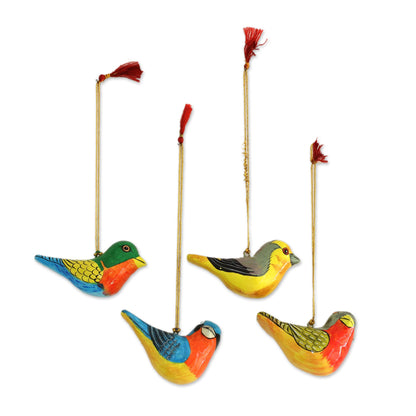 Chirping Sparrows Four Colorful Papier Mache Bird Ornaments from India