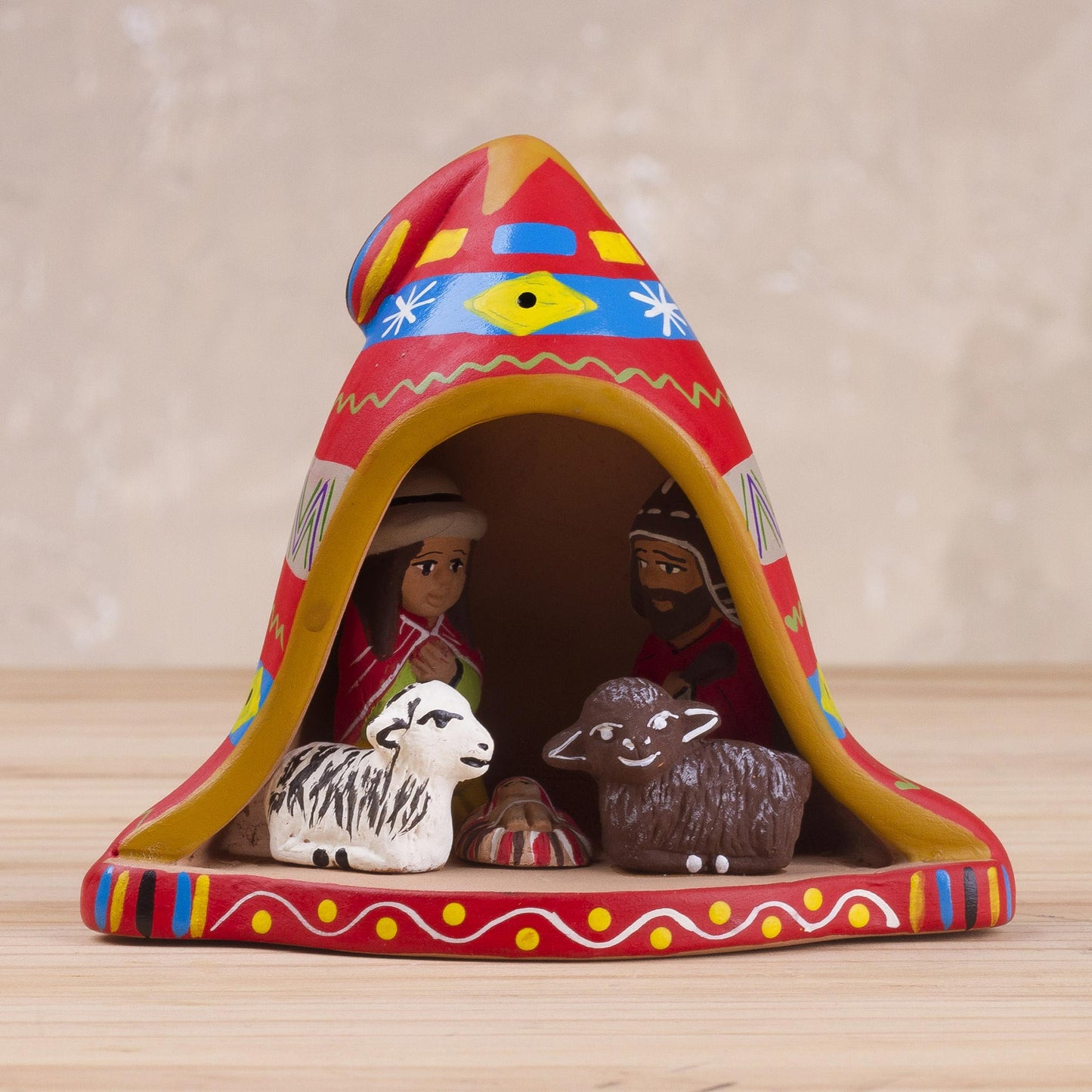 Nativity Inside a Chullo Hat Hand-Painted Andean Ceramic Nativity Figurine from Peru