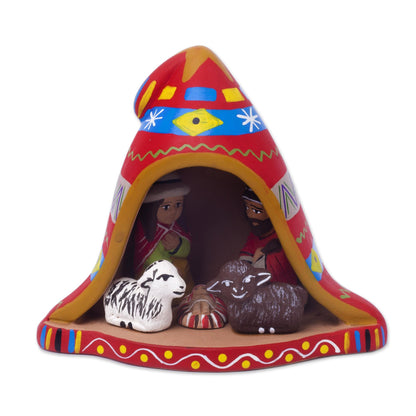 Nativity Inside a Chullo Hat Hand-Painted Andean Ceramic Nativity Figurine from Peru