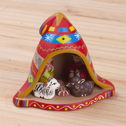 Nativity Inside a Chullo Hat Hand-Painted Andean Ceramic Nativity Figurine from Peru