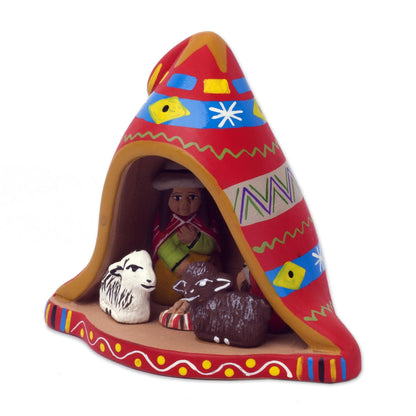 Nativity Inside a Chullo Hat Hand-Painted Andean Ceramic Nativity Figurine from Peru