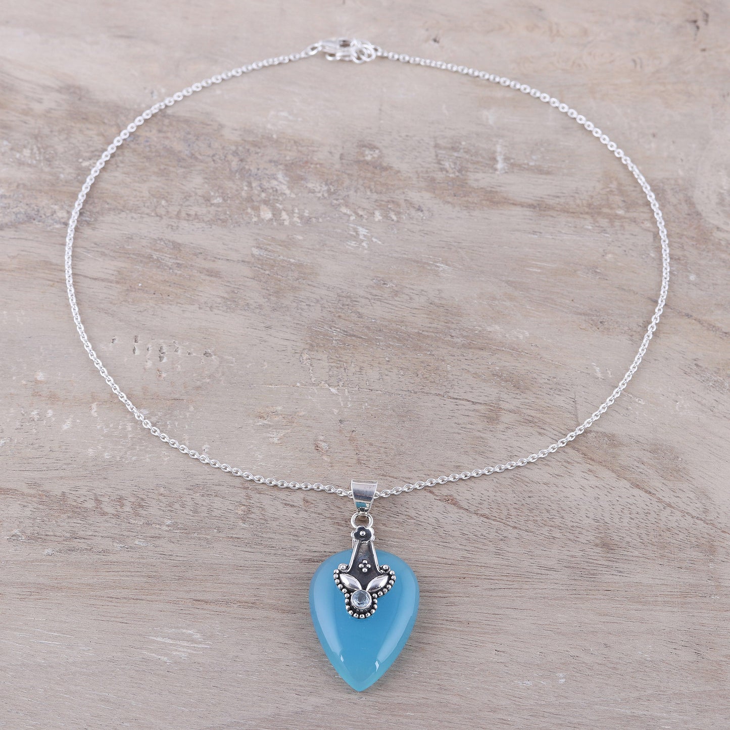 Sky Pick Chalcedony and Blue Topaz Pendant Necklace from India