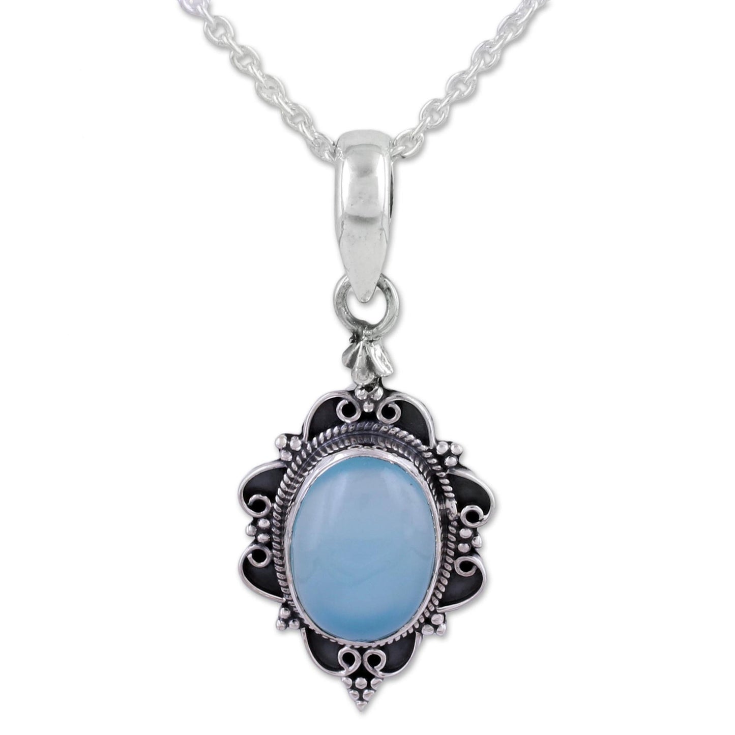 Blue Damsel Oval Shaped Chalcedony and Sterling Silver Pendant Necklace