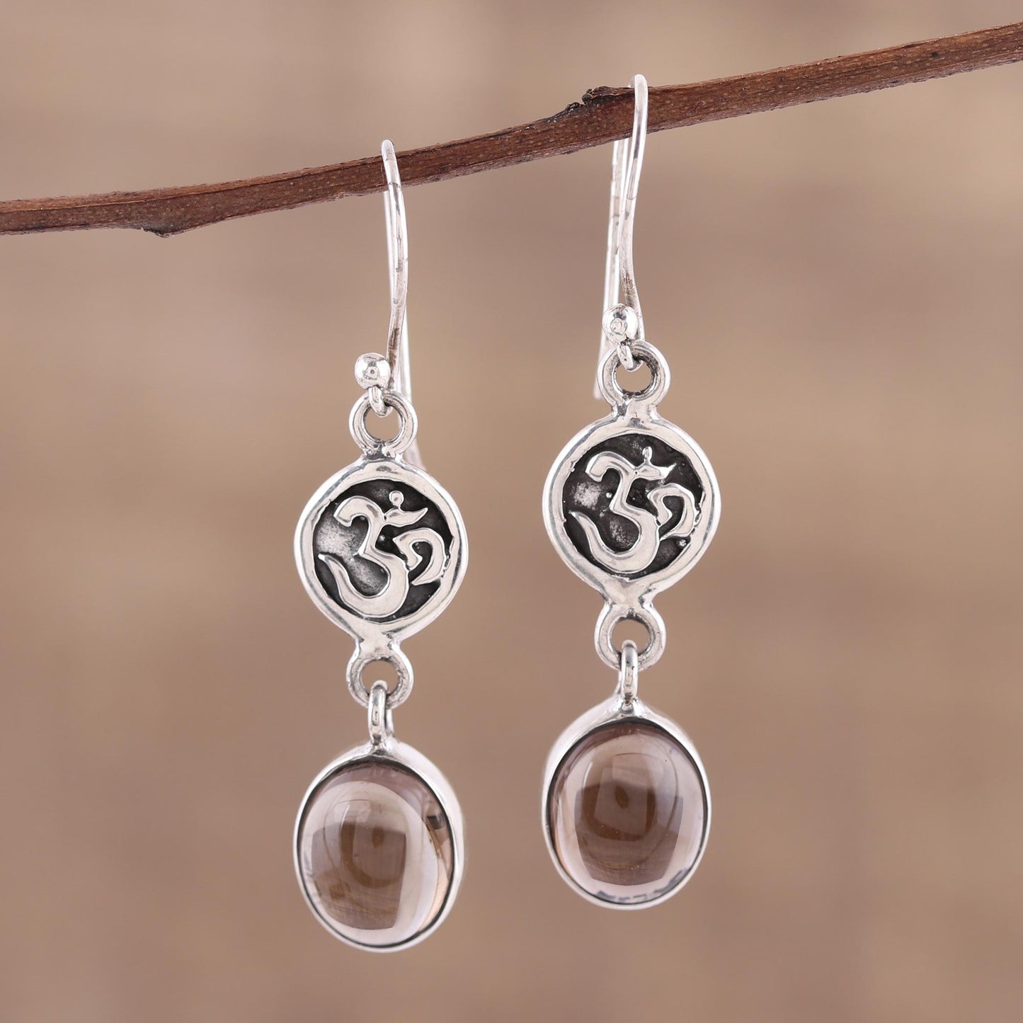 Healing Om Om Symbol Earrings with Smoky Quartz Cabochons