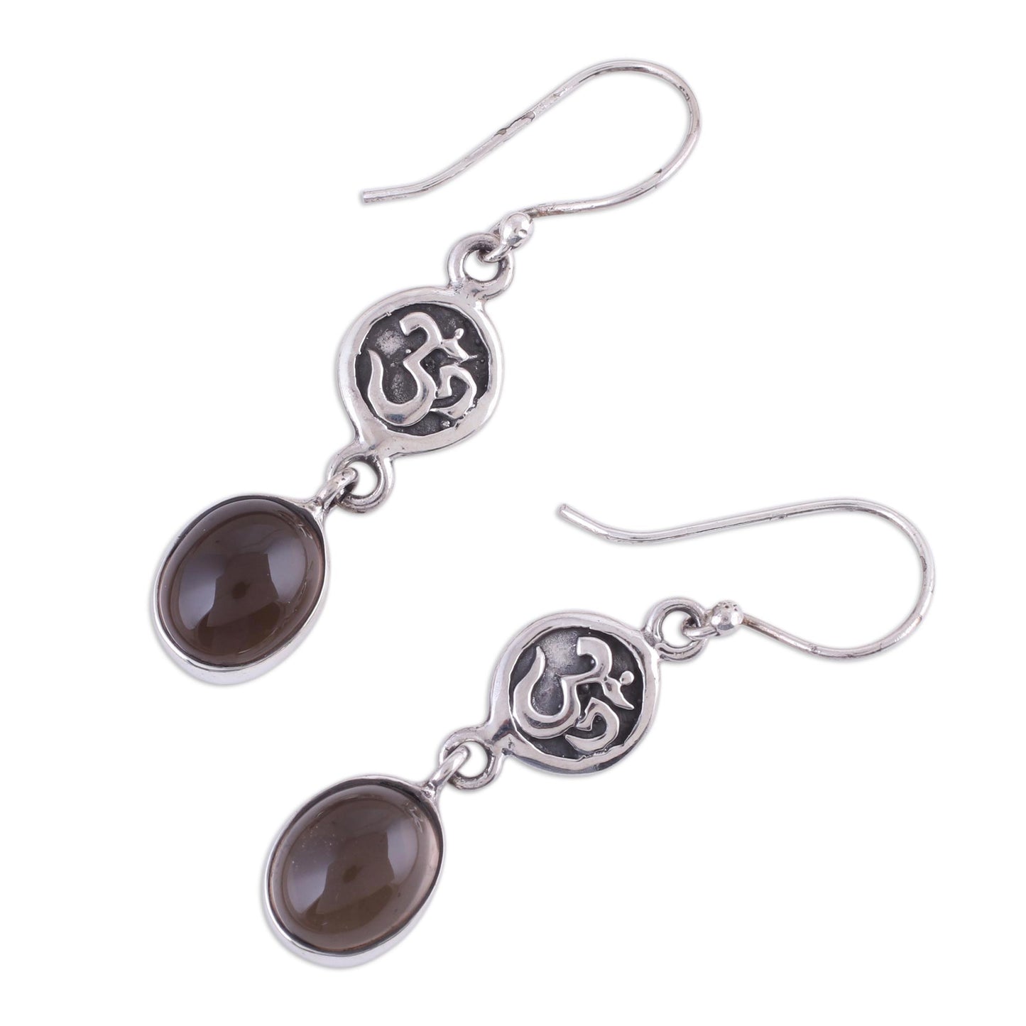 Healing Om Om Symbol Earrings with Smoky Quartz Cabochons