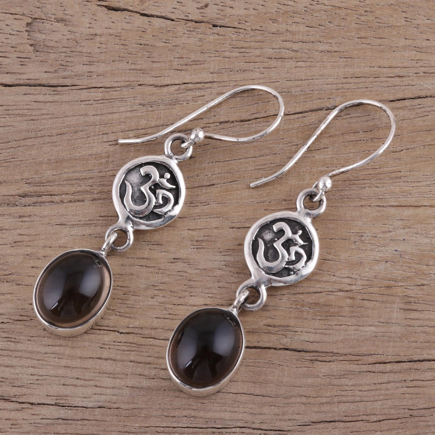 Healing Om Om Symbol Earrings with Smoky Quartz Cabochons