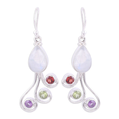 Colorful Shower Multi-Gemstone and Silver Dangle Earrings from India