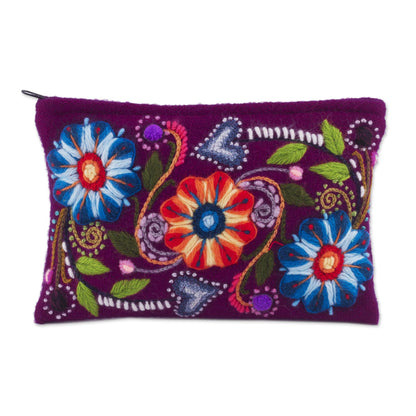 Magenta Bouquet Floral Embroidered Alpaca Blend Clutch in Magenta from Peru