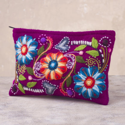 Magenta Bouquet Floral Embroidered Alpaca Blend Clutch in Magenta from Peru