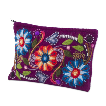 Magenta Bouquet Floral Embroidered Alpaca Blend Clutch in Magenta from Peru