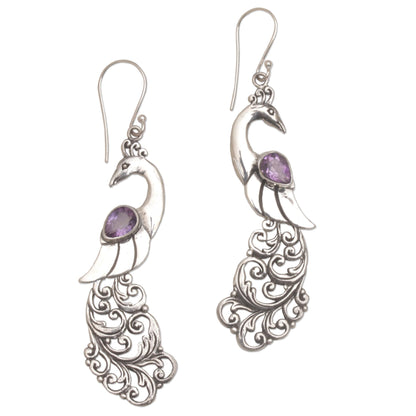 Merak Amethyst and Sterling Silver Peafowl Dangle Earrings