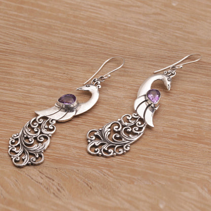 Merak Amethyst and Sterling Silver Peafowl Dangle Earrings