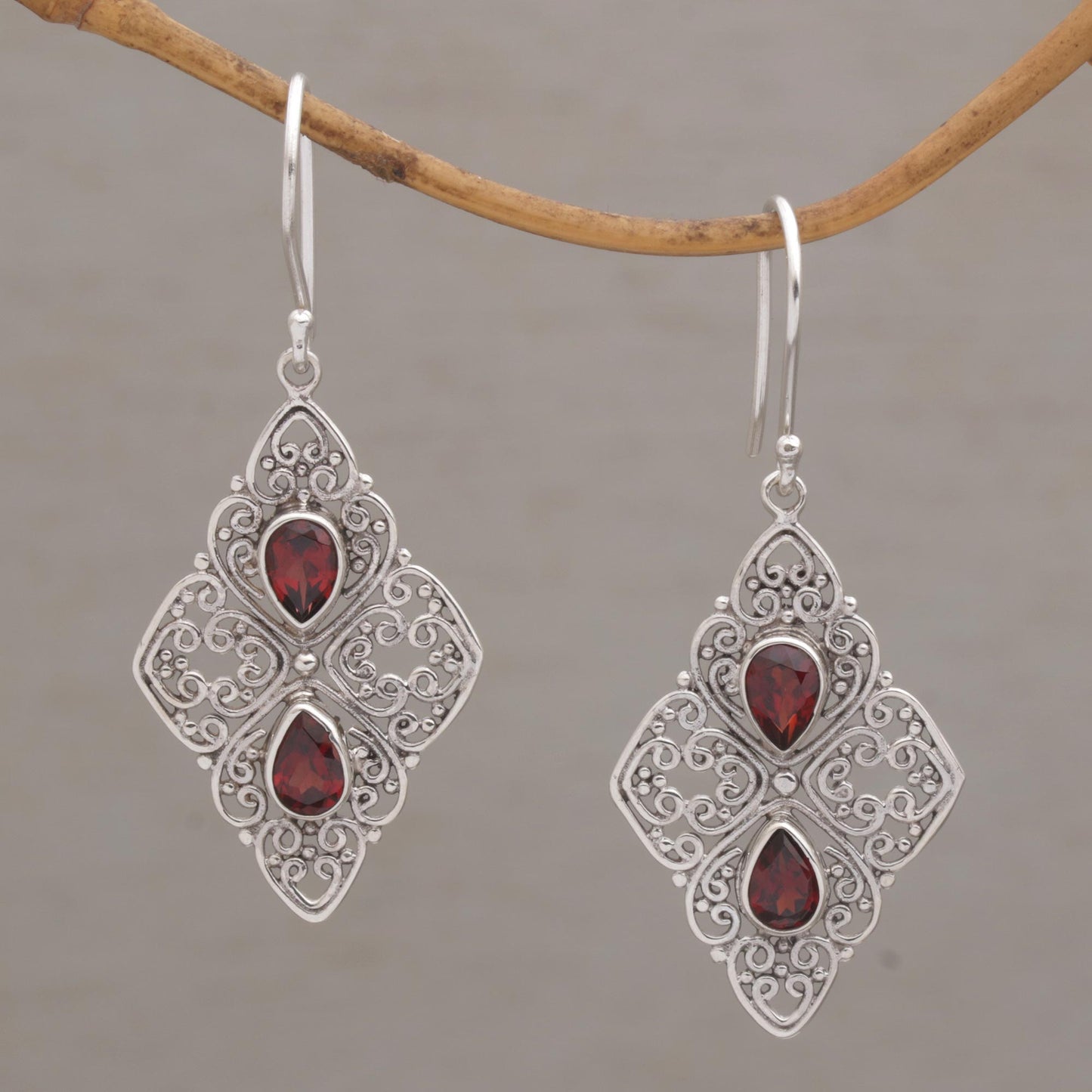 Besakih Beauty Ornate Dangle Earrings with Garnets and Sterling Silver