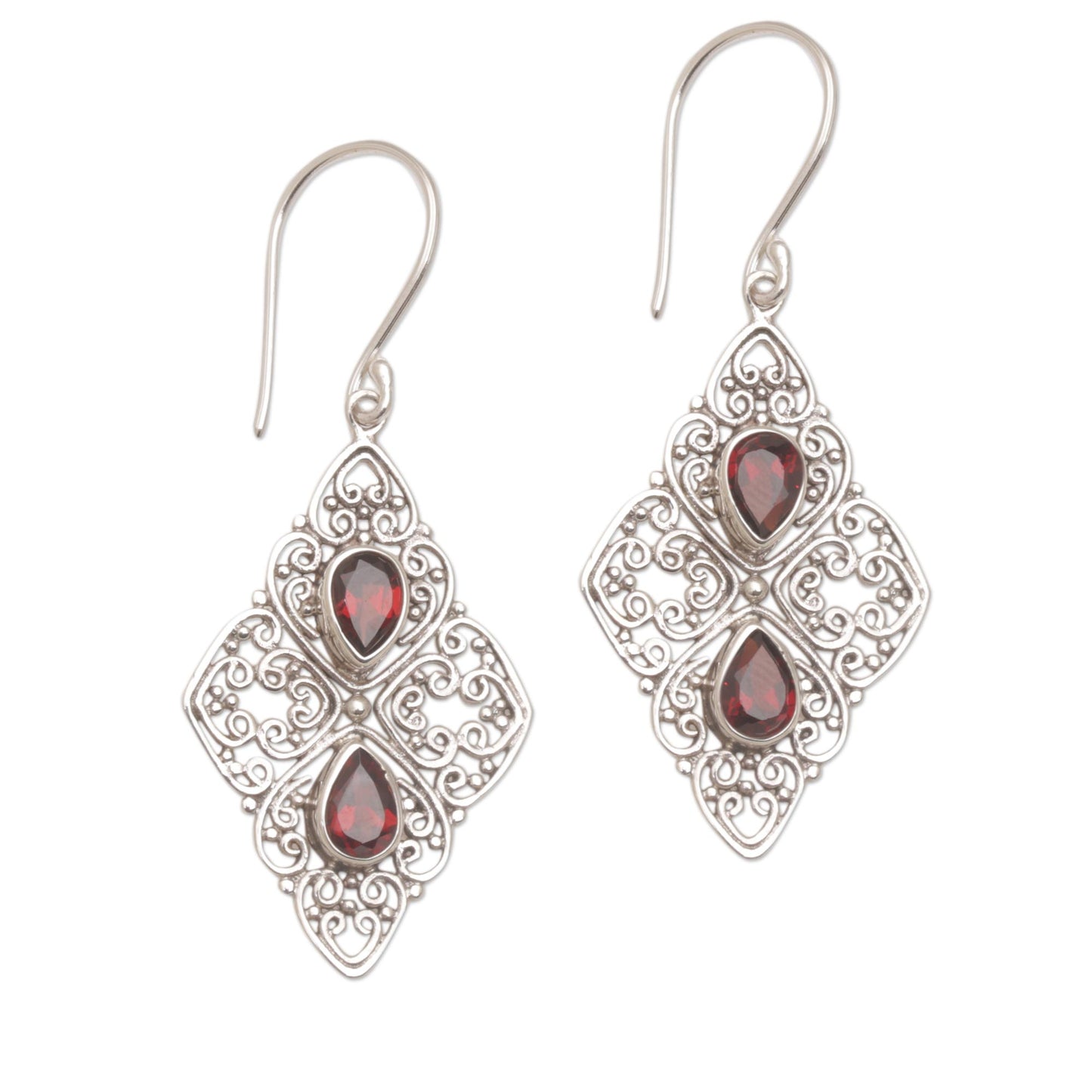 Besakih Beauty Ornate Dangle Earrings with Garnets and Sterling Silver