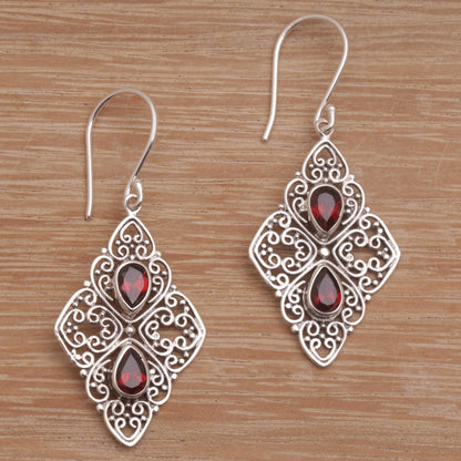 Besakih Beauty Ornate Dangle Earrings with Garnets and Sterling Silver