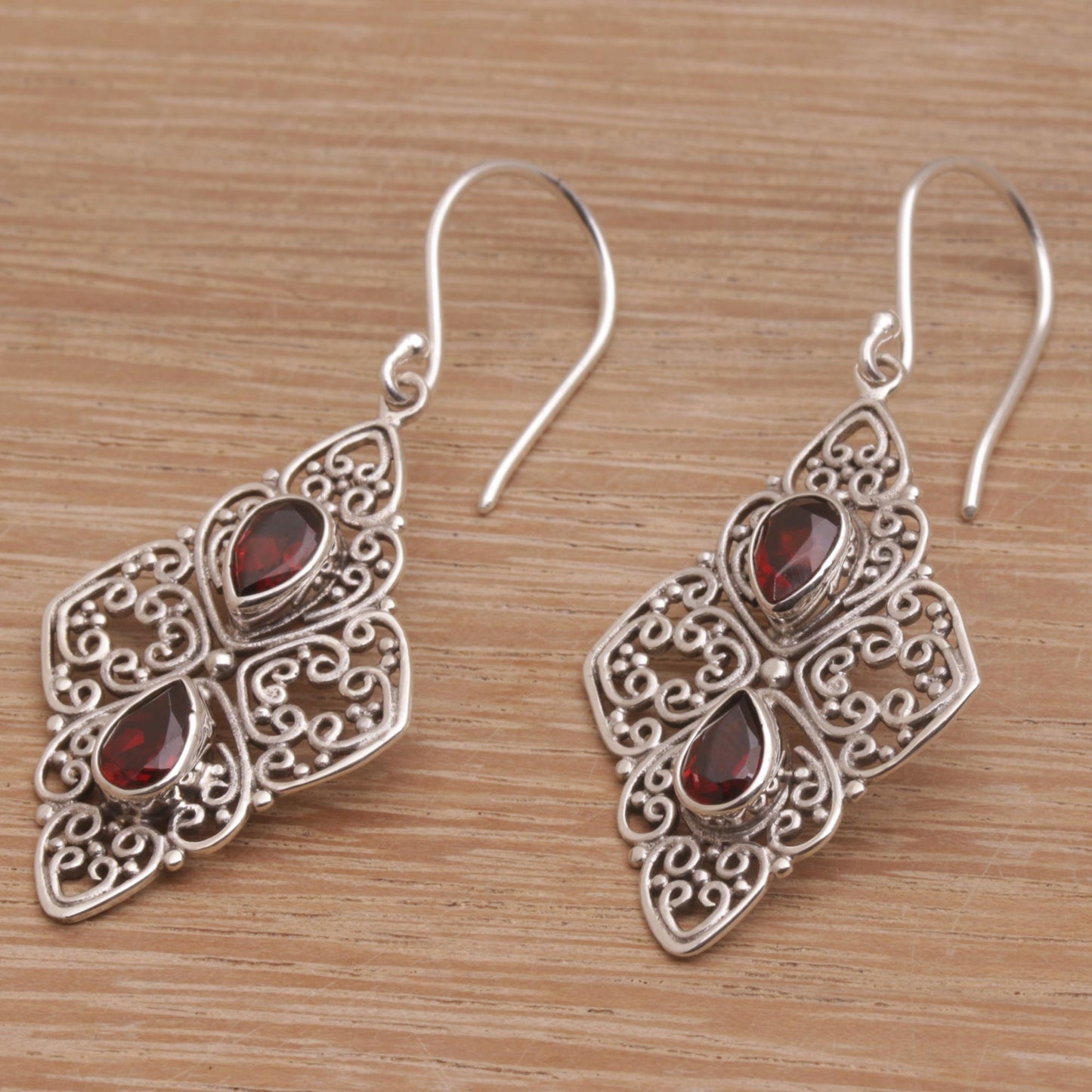 Besakih Beauty Ornate Dangle Earrings with Garnets and Sterling Silver