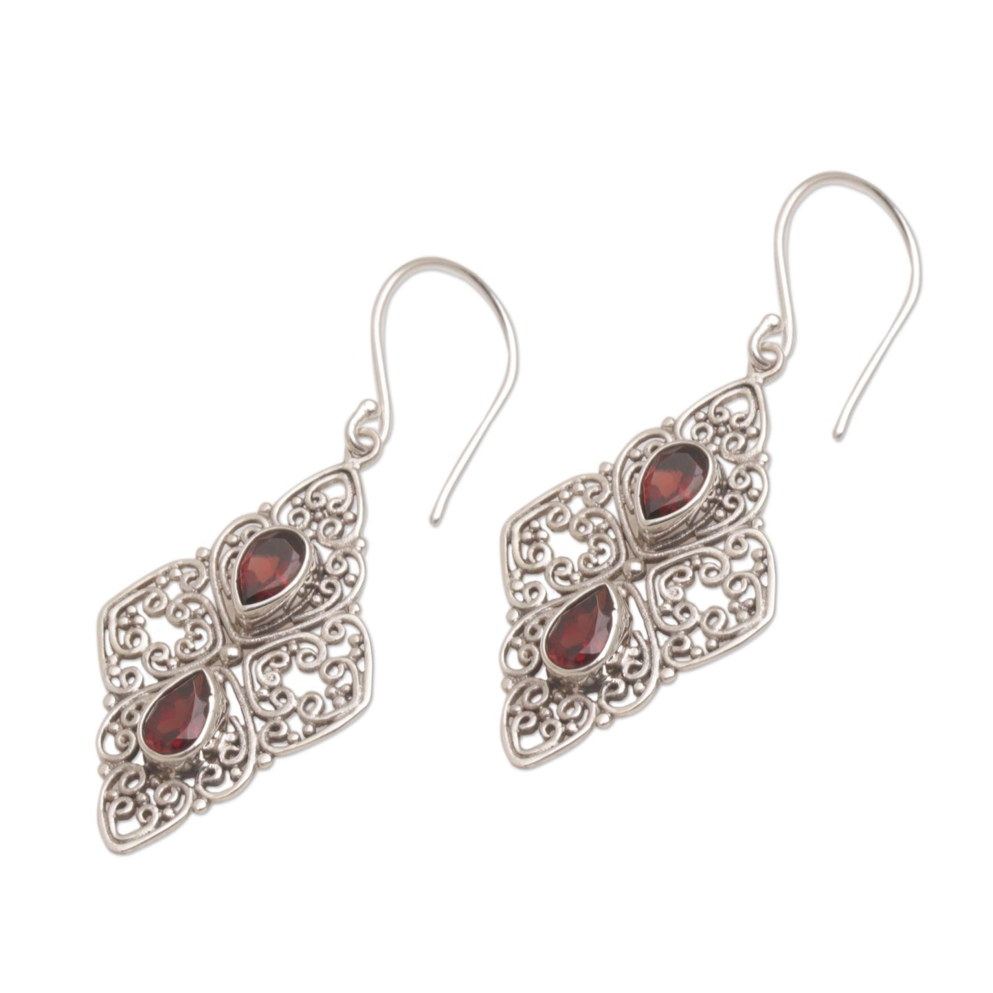 Besakih Beauty Ornate Dangle Earrings with Garnets and Sterling Silver