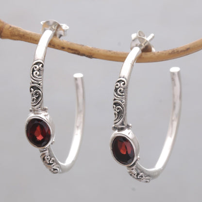 Sacred Sakenan Balinese Style Half-Hoop Earrings with Garnet Stones