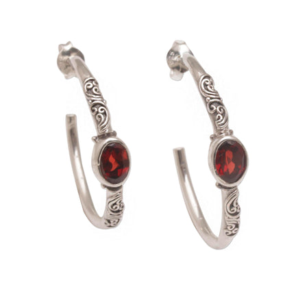 Sacred Sakenan Balinese Style Half-Hoop Earrings with Garnet Stones