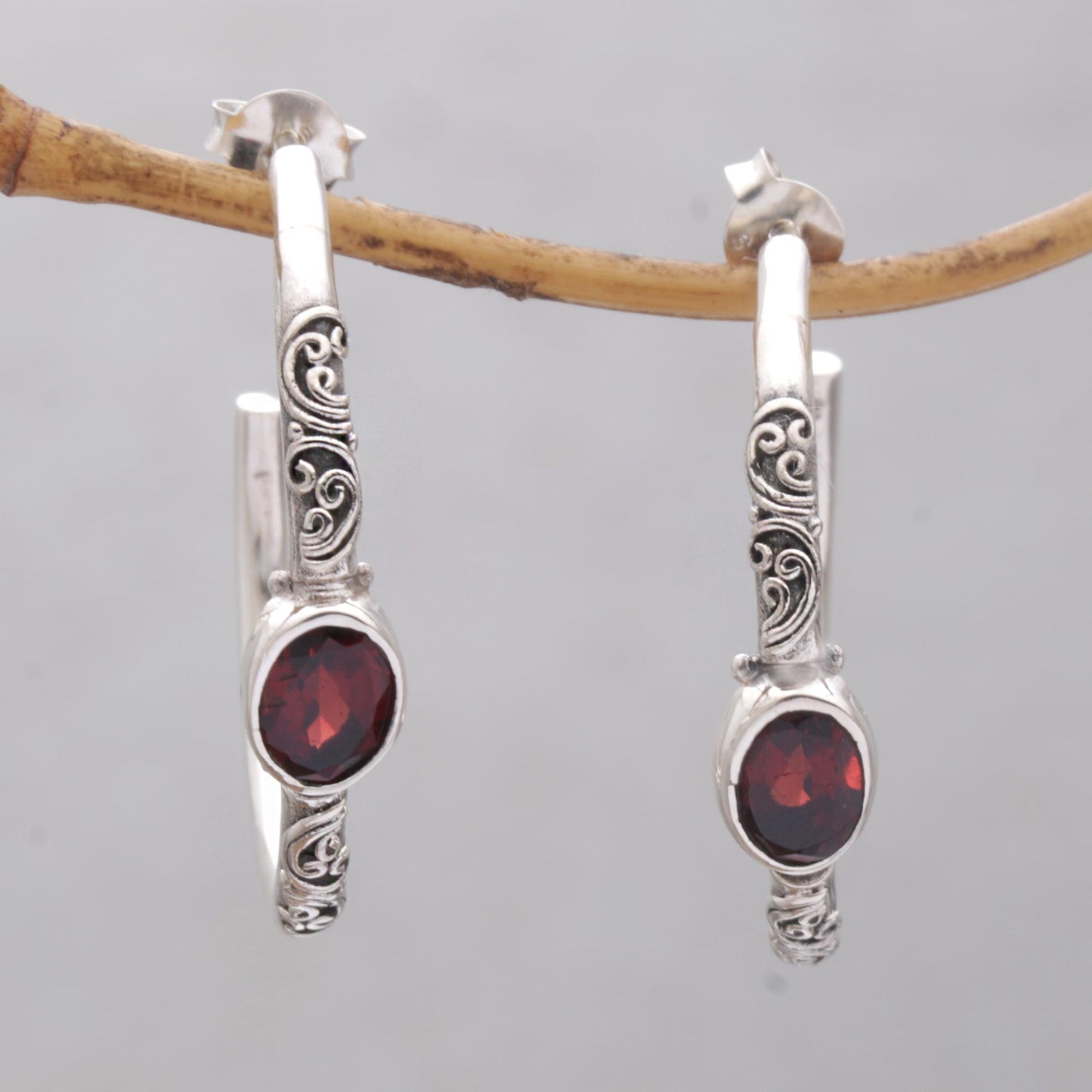 Sacred Sakenan Balinese Style Half-Hoop Earrings with Garnet Stones