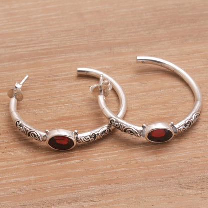 Sacred Sakenan Balinese Style Half-Hoop Earrings with Garnet Stones