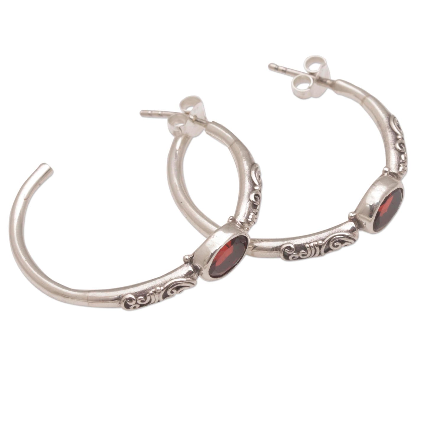 Sacred Sakenan Balinese Style Half-Hoop Earrings with Garnet Stones