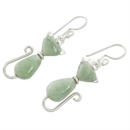 Cats of Love in Light Green Jade Cat Dangle Earrings in Light Green from Guatemala