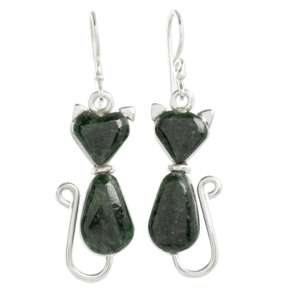 Cats of Love in Dark Green Jade Cat Dangle Earrings in Dark Green from Guatemala